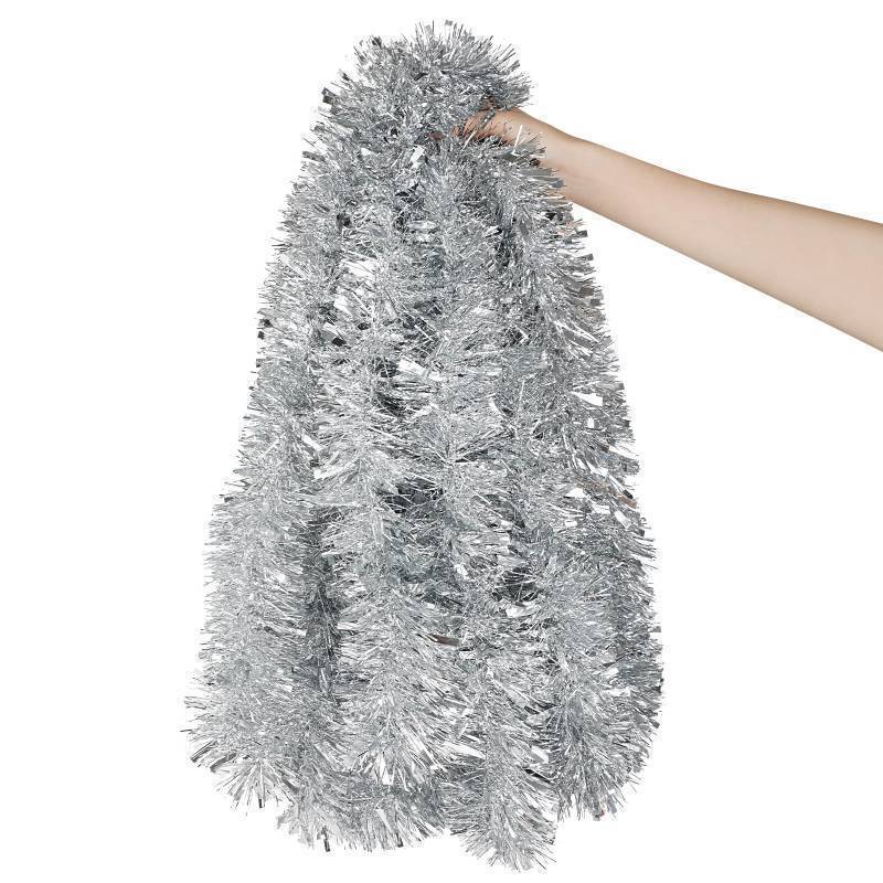 lot 15636 image: 33 Feet Silver Tinsel Garland, Christmas Metallic Hanging Tinsel Garland for Xmas Tree Home and Party Decoration - Retail $13