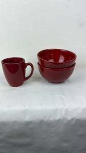 lot 12 image: Red Ceramic Mug and Bowl Set 3-Piece
