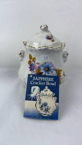 lot 27 image: Sapphire Cracker Bowl with Lid Floral Design Gold Trim