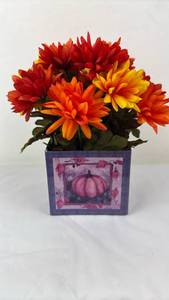 lot 40 image: Artificial Fall Daisy Arrangement Red Orange Yellow Flowers in Decorative Pumpkin Box