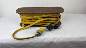 lot 41 image: Vintage Wooden Extension Cord Reel w Yellow Cord