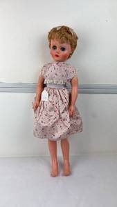 lot 48 image: Vintage Doll with Curled Blonde Hair and Pink Floral Dress
