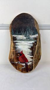 lot 60 image: Hand-Painted Wood Slice Wall Art Cardinal Winter Scene