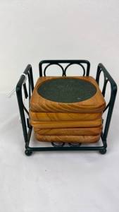 lot 68 image: Coaster Set 5- Piece Wood with Metal Holder green Frame