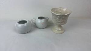 lot 92 image: Lot of 3 Ceramic Vessels Pitcher Compote Bowl
