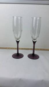 lot 108 image: Pair of Champagne Flutes with Purple Stems and Bases
