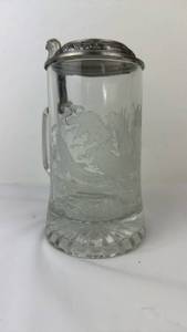 lot 112 image: Glass Stein with Metal Lid and Handle Etched Eagle Decoration