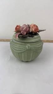 lot 114 image: Decorative Candle with Lid, Green Ceramic Vessel, Floral Arrangement Top