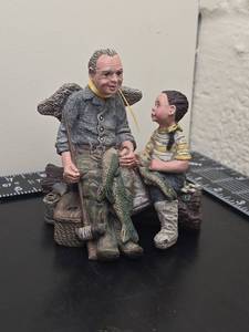 lot 173 image: Carved Wooden Fishing Scene Figurine Two Adult and Child with Fish