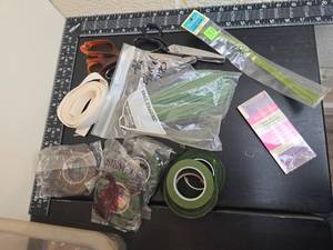 lot 203 image: Floral Arranging Supplies Lot Tape Scissors Ribbon Container
