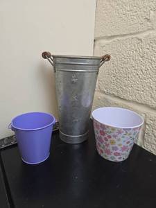 lot 216 image: 3-Piece Decorative Container Lot Purple Floral White Metal Handles