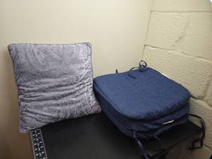lot 224 image: Decorative Throw Pillow approx 14in and Blue Chair Cushions with Ties 15in Wide Lot