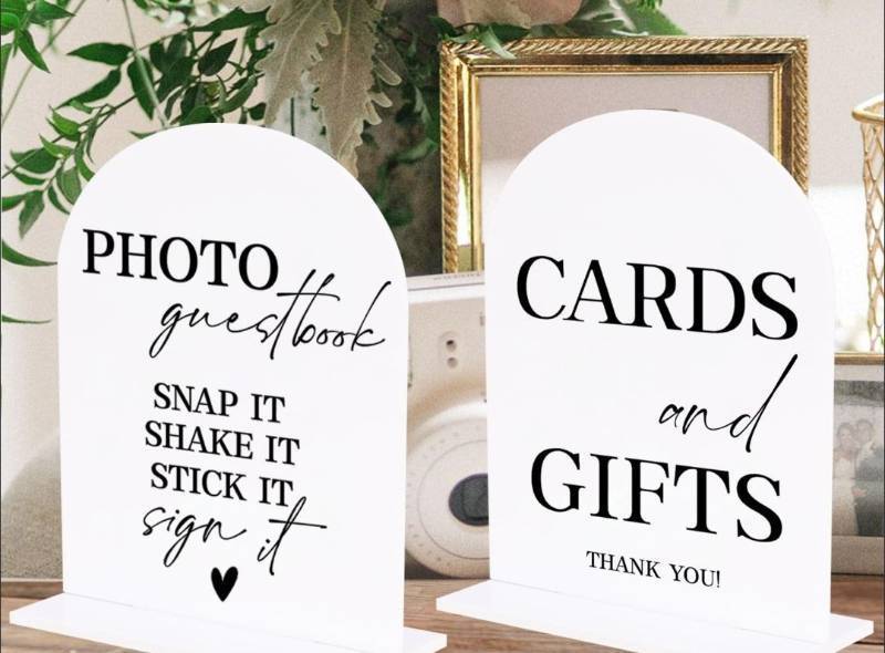 lot 38971 image: 2Pcs Wedding Memorial Signs Photo Guest Book Sign Cards And Gifts Sign Wedding Table Acrylic Decor for Engagement Bridal Shower Ceremony Reception Event Party - Retail $12