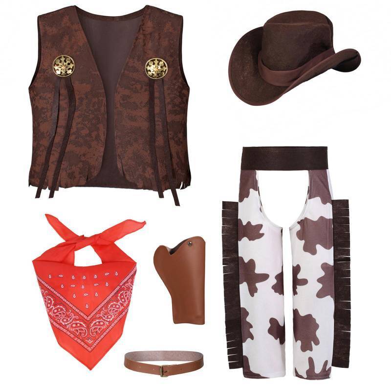 lot 38973 image: Cowboy Costume for Boys 5pcs Set Kids Dress Up Birthday Halloween Party Cosplay 6-7 Years - Retail $20