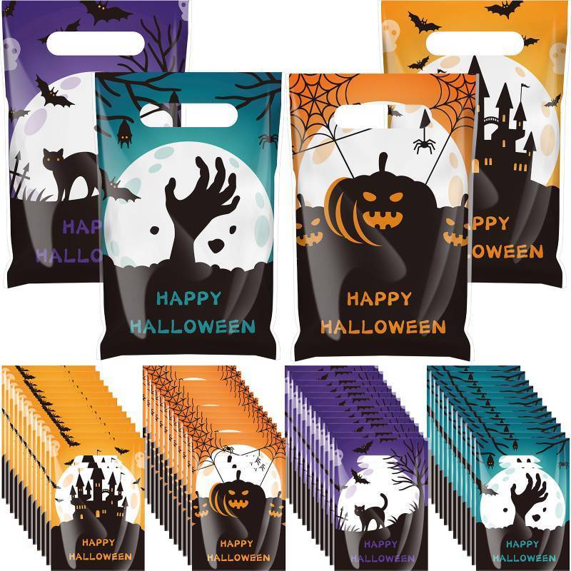 lot 38969 image: 100 Pcs Halloween Plastic Gift Bags, Goodie Treat Bags with Handles - Retail $10