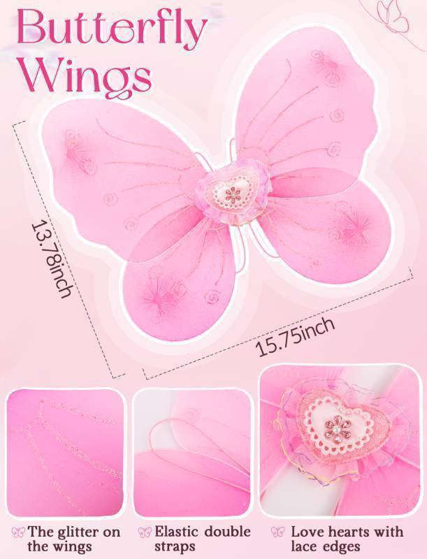 lot 28290 image: 4 Pack Fairy Costume for Girls Butterfly Wings Kids Princess Costume Set with Tutu Skirt,Headband,Fairy Wings and Wand (The Wings Are a bit Damaged See Picture For Reference) - Retail $15