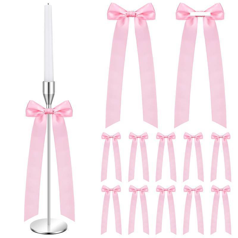 lot 18049 image: 12 Pcs Pink Candlestick Bows Decor 13 Inch Large Coquette Decorations Bows for Table Self Adhesive Candle Holder Gift Wrapping Wedding Bridal Shower Bachelorette Party Centerpieces - Retail $13