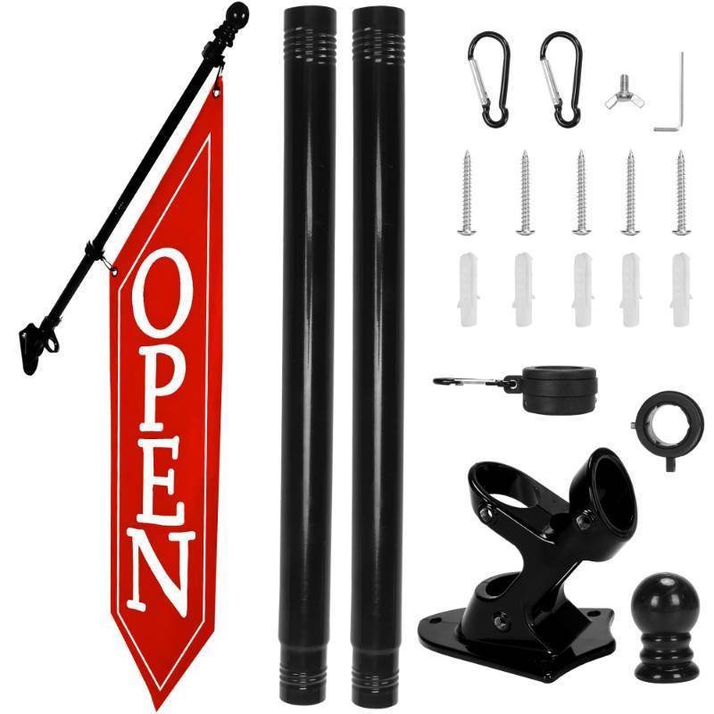 lot 47133 image: OPEN Flag with Pole Kit - Heavy Duty Canvas Open Banner for Business Storefront, 42x12 Inch Outdoor Double-Sided Sign with Bracket - Advertising Signage for Retail & Shops (Red) - Retail $33