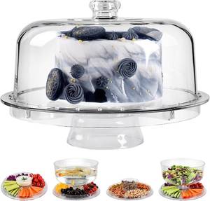 lot 7034 image: Acrylic Cake Stand with Dome Lid, 12.2 in, 6-in-1 Clear Display Holder  Top Cracked