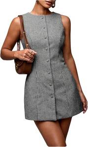 lot 7046 image: Red SOLY HUX Womens Plaid Button Down Crew Neck Tie Back Sleeveless Mini Dress L