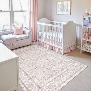 lot 7053 image: Light Pink 4x6 Rugs for BedroomNursery - Vintage Boho Floral, Washable Rug