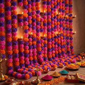 lot 7058 image: XunYee 5 Pcs 5 ft Marigold Garland for Decoration Long Strands, 3 Colors