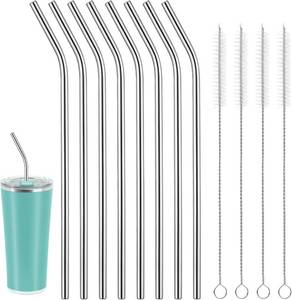 lot 7094 image: 8 Reusable Metal Straws for Tumbler, Bent Stainless Steel Straws  2 Brushes