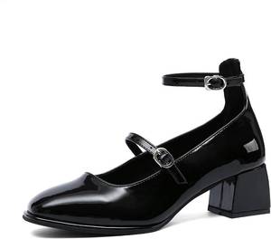 lot 7110 image: NEWBELLA Mary Jane Heels - Patent Leather Chunky Heels, Vintage Square-Toe 8