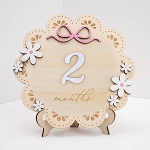 lot 7159 image: Baby Monthly Milestone Photo Sign - Wooden Floral with Pink Bows