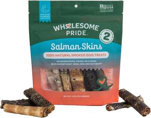 lot 7225 image: Wholesome Pride Smoked Salmon Skins Healthy Dog Treats, 2 Ingredients, 4 oz
