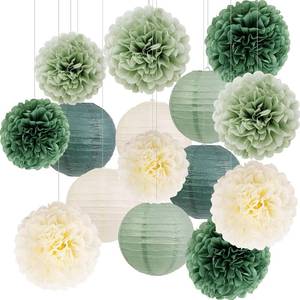 lot 7248 image: Green Birthday Party Decorations Paper Lanterns and Pom Poms 15pcs Set