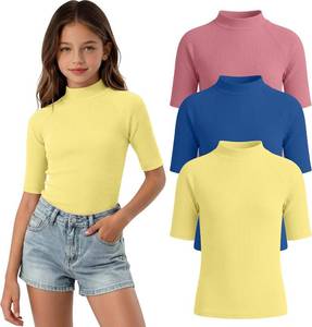 lot 7333 image: 3-Pack Girls Shirts Mock Turtleneck Slim Fit Ribbed Half Sleeve Size 13-14