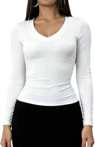 lot 7360 image: Womens Fit Basic Long Sleeve Deep V Neck Cropped Solid Color Base Layer Tops Sma