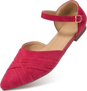 lot 7416 image: Aomigoct Flat Shoes Pointed Toe, Soft Suede, Adjustable Buckle - Red 42