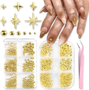 lot 7432 image: Star Nail Charms for Nails Art, 3D Gold Studs & Beads with Tweezers