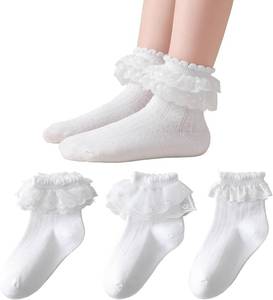 lot 7513 image: Girls White Lace Ruffle Socks, Breathable Mesh Cotton, Crew Socks, 3 Pack