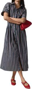lot 7548 image: Womens Button-Front Pleated Maxi Dress, Short Sleeve, Striped Navy - XL
