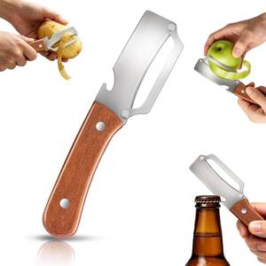 lot 7595 image: Wooden-Handle Stainless Steel Vegetable Peeler with Built-In Bottle Opener