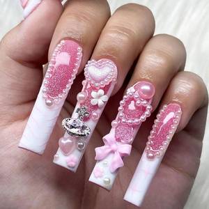 lot 7598 image: White French Tip Press-On Nails Extra Long Square with 3D Bow, 24 Pcs