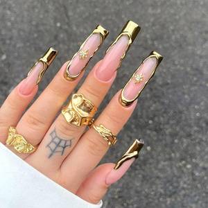 lot 7602 image: Gold French Tip Press-On Nails, Extra Long, Long Square Nude Stick-On, 24 Pcs