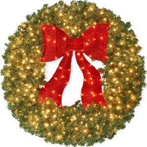 lot 10020 image: Best Choice Products 36in Pre-Lit Fir Christmas Wreath, Red Bow, 150 LEDs