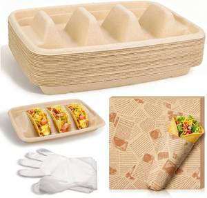 lot 10023 image: 24Pcs Taco Holders with 100 Liners & 100 Gloves, 3-Compartment Trays