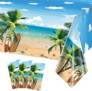 lot 10108 image: Tiamon 3-Piece Beach Tablecloths, Plastic Luau Palm Leaves, 54 x 108 in