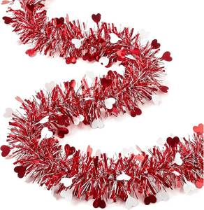 lot 10295 image: 50FT Valentine Tinsel Garland, Red Heart Dual-Color Glitter Hanging Decor