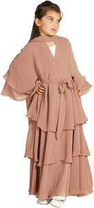 lot 10330 image: Kids Abayas Dress for Girls Muslim Hijab Chiffon Layered Kaftan Robe 5-6Y