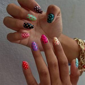lot 10366 image: Polka Dot Press On Nails Medium Almond - Glossy Acrylic Full Cover, 24Pcs
