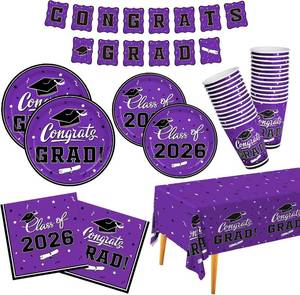 lot 10374 image: Gatherfun Graduation Party Dinnerware Set Purple - Plates, Napkins, Cups