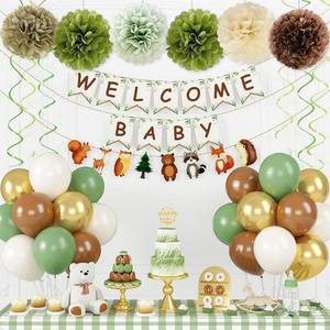 lot 10456 image: Welcome Baby Banner, Jungle Animal Shower Decorations with Green Balloons