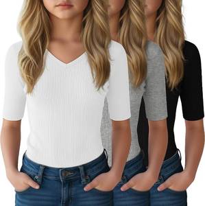 lot 10500 image: 3 Pack Girls T-Shirts 13 14 Years Tween V-Neck Cute Fitted Tops for Kids