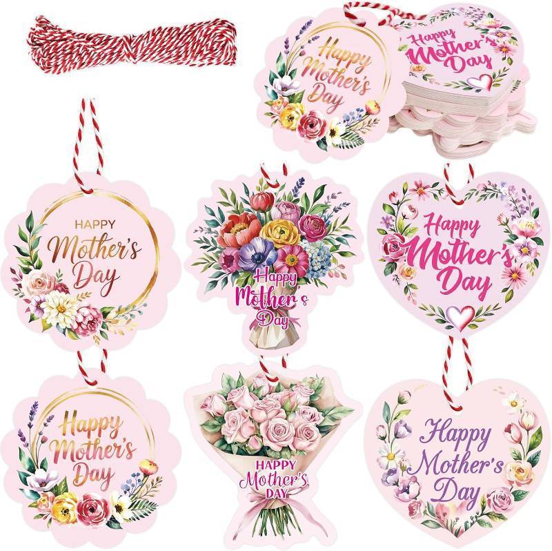lot 66493 image: 2 x 2 inches Treasure Cove Mothers Day Tags Happy Mothers Day Paper Gift Tag Heart Hanging Label with String Floral Best Mom Gift Wrap for Birthday Treat Bags Wrapping Party Favor Supplies 60Pcs